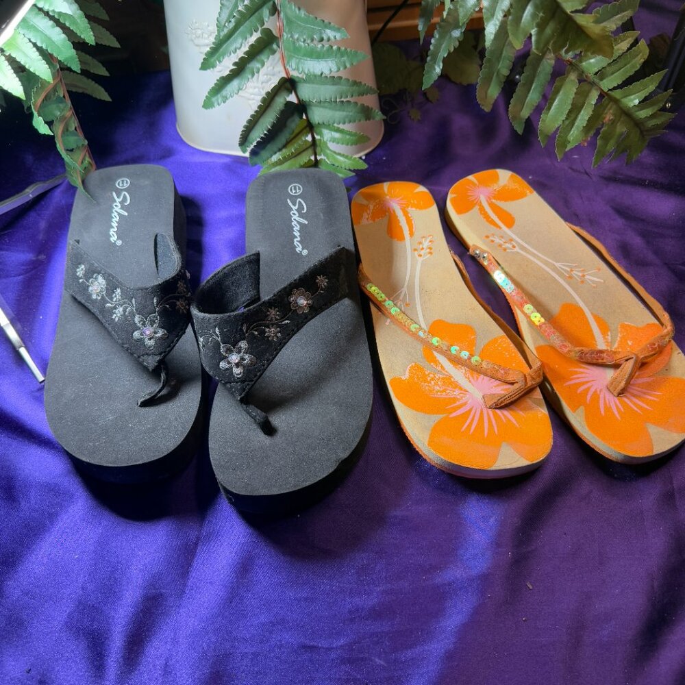 📌Zodax Plumeria Wooden Sole Thongs Sandals * Solana  Lightweight Flip Flop